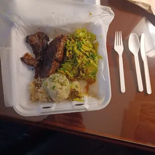 Hunk of over cooked fat, under cooked Brussel sprouts. And flavorless mashed potatoes. However the potatoes were edible.