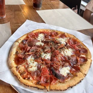 a pizza sitting on a table
