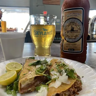 Crunchy birria tacos from Mariscos a mi manera and best Skylabds beer= daydrinker  WAM= happiness