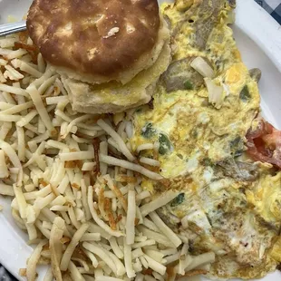 Veggie Omelette with Hashbrowns and Biscuit