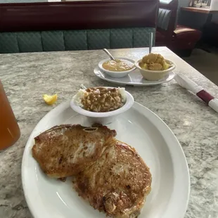 Pork chops, rice and gravy, apple sauce and banana pudding.  One of their lunch special.