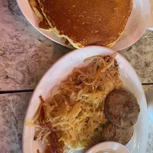 The Skyland Special Breakfast (Pancakes, hashbrowns, two boiled eggs and Turkey Sausage)