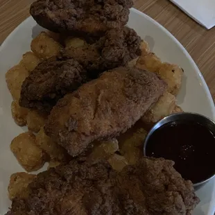 Chicken tenders with tots! Got for our toddler