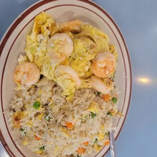 Prawn + scrambled eggs over fried rice