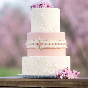 Lace and a Jeweled crystal bead band for a unique and unforgettable cake.