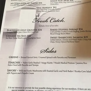 Other side of menu for dinner