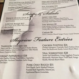 One side of menu for dinner