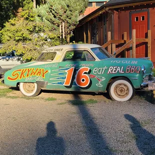 Neat car decoration as you walk up to the entrance.