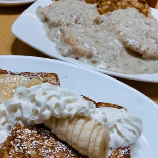 Banana French toast and sausage gravy with biscuits
