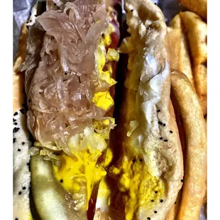 Shaggy Dog &amp; Fries (mustard onions pickle swiss cheese &amp; sauerkraut !!) total less than 5$! @ Skyway Dog House.Chicago, IL .Drive Thru.Cool!