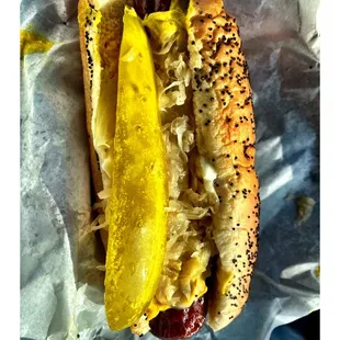 Shaggy Polish (mustard onions pickle swiss cheese &amp; sauerkraut !!) total less than 5$! @ Skyway Dog House.Chicago, IL .Drive Thru.Cool!