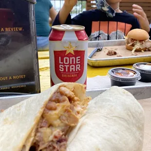 Outdoor patio, beer, Texas Tornado Sammich