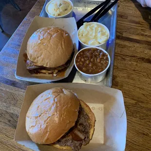 OG sandwich, beans, potato casserole, Mac n cheese