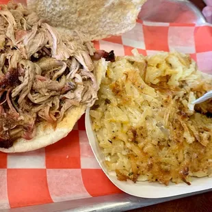 Pulled pork, cheesy hash browns.