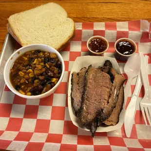 Brisket meal with baked beans. Don't let the picture deceive you. There was a lot of meat in the tub.