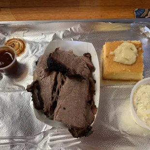 Brisket, potato salad, and cornbread with Smokey butter. All amazingly good!!!