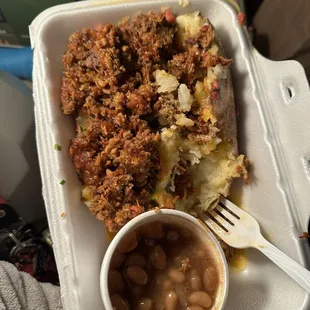 Chopped Beef baked potatoes &amp; side of beans