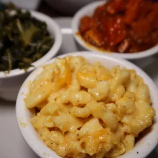 three bowls of macaroni and cheese