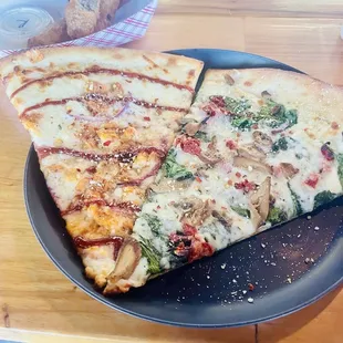 Slice of BBQ Chicken Pizza and Slice of White Pie