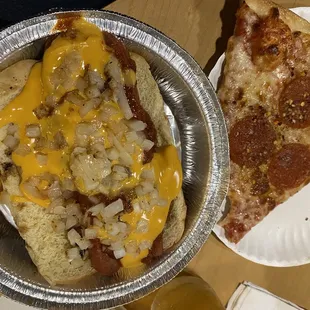 Chili cheese hot dog and Slice of Pepperoni Pizza