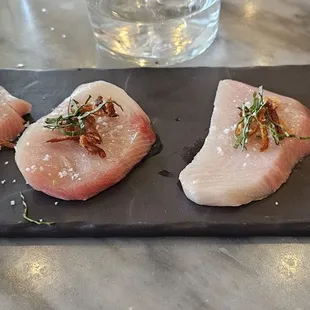 Thic cuts of extremely fresh yellowtail