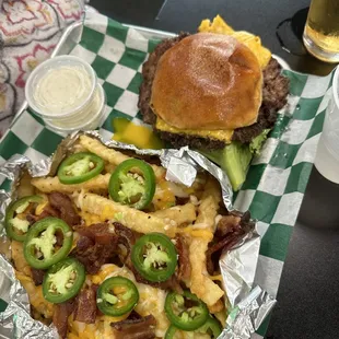 Loaded fries with fresh jalapeños and a slap burger. The thin cut fresh jalapeños were the spotlight. EXCELLENT!