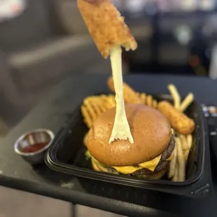 The cheese pull on the mozzarella sticks.