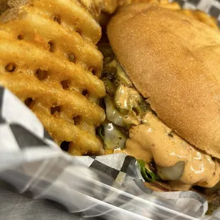 Green chile burger with creamy sriracha sauce very delicious