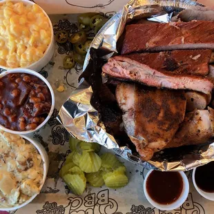 Sampler Plate (Turkey subbed for Chicken) + Ribs + Burnt Ends, Cheesy Corn, Baked Potato Casserole + Baked Beans
