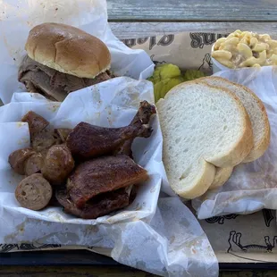 Brisket and Jalapeno Cheddar Sausage Combo  Chicken Leg Quarters Mac and Cheese with Bacon