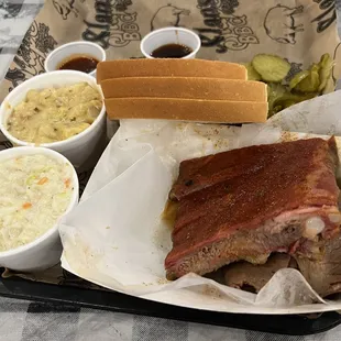 Ribs w/brisket, cole slaw and potato casserole.
