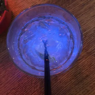 a blue liquid in a glass bowl