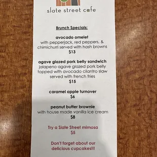 Brunch specials list.