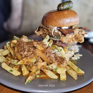 Garlic chili and cheese fries Torrance Farmhouse fried chicken breast 2 hamburger meats, bacon, avocado boy he finished that!