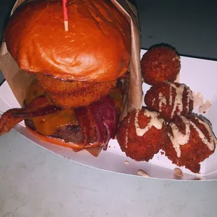 a burger and tater tots