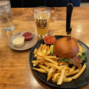 Best Damn Bacon Cheeseburger (50/50 patty substitute) w/ regular fries. New Glory Loud Mouth IPA 20 oz