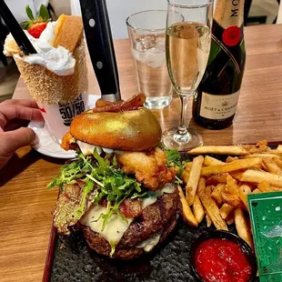 Whale burger!  Strawberry cheesecake milkshake