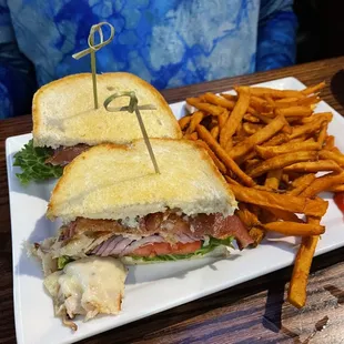 Bacon Turkey Melt Sandwich with Sweet Potato Fries