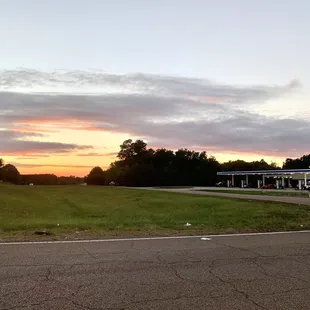 a sunset in the background