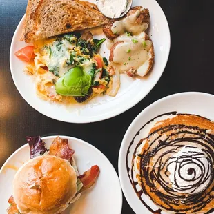 Avi Scramble + peanut butter special pancake + broakley