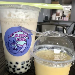 Milk Tea with Boba and flan