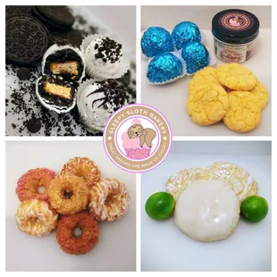 a collage of doughnuts and cookies