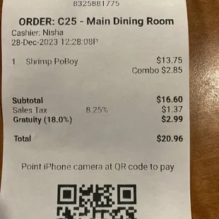 Receipt with 18% gratuity automatically added