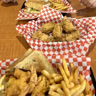 Fish and shrimp. Shrimp po boy. Wings