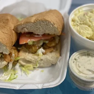 Shrimp po boy and potato salad