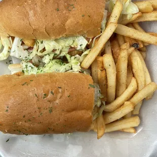 Fried Shrimp Poboy with fries