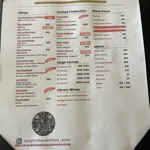 Current popular wine selection menu