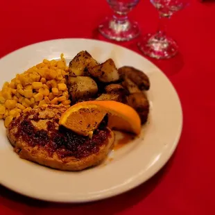 Vegetarian plant-based "Chicken" with Brown Sugar Bourbon Sauce, Roasted Potatoes and Vegetable