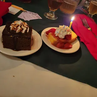 Chocolate cake and strawberry shortcake for the birthday girl.