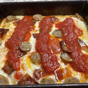 Meateterian deep dish, pepperoni, sausage, and bacon